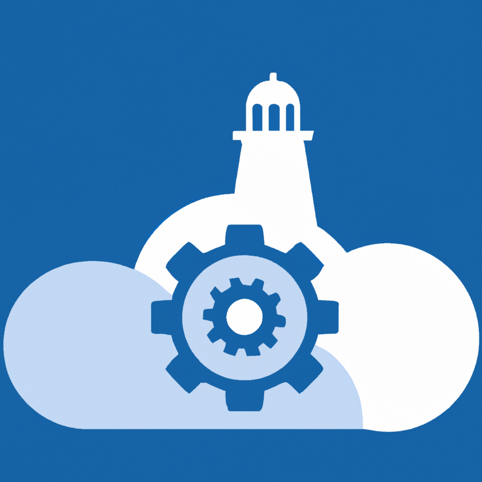 A cloud and gear image with a lighthouse representing api with halifax stylings